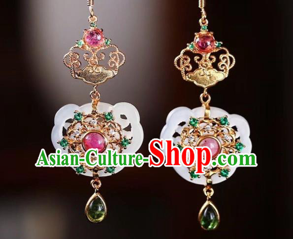 Chinese National Tourmaline Ear Accessories Handmade Traditional Cheongsam Hetian Jade Earrings