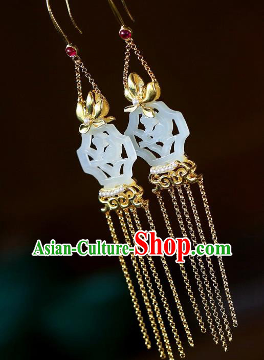 Chinese Handmade White Jade Ear Accessories Traditional Cheongsam Golden Orchid Tassel Earrings