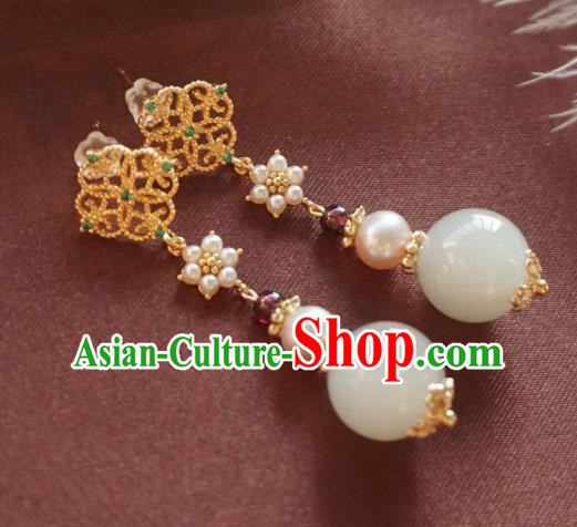 Chinese National Jade Ear Accessories Handmade Traditional Cheongsam Pearls Golden Earrings