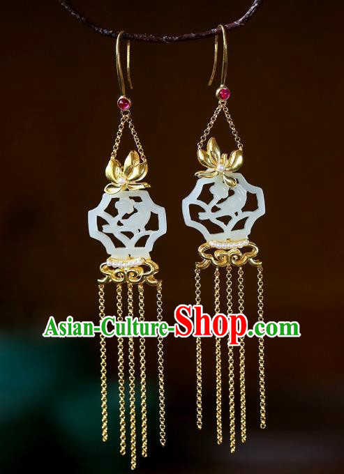 Chinese Handmade White Jade Ear Accessories Traditional Cheongsam Golden Orchid Tassel Earrings