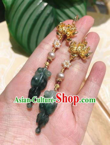 Chinese National Jadeite Goldfish Ear Accessories Handmade Traditional Cheongsam Golden Chrysanthemum Earrings