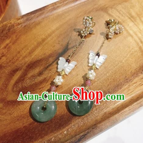 Chinese National Jade Peace Buckle Ear Accessories Handmade Traditional Cheongsam Shell Butterfly Earrings Jewelry