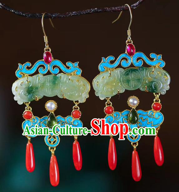 Chinese Handmade Qing Dynasty Palace Ear Accessories Traditional Cheongsam Jade Carving Earrings