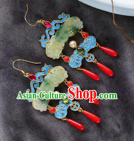 Chinese Handmade Qing Dynasty Palace Ear Accessories Traditional Cheongsam Jade Carving Earrings