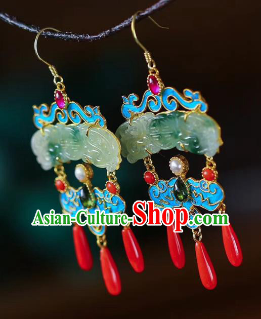 Chinese Handmade Qing Dynasty Palace Ear Accessories Traditional Cheongsam Jade Carving Earrings