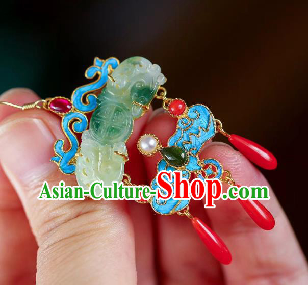 Chinese Handmade Qing Dynasty Palace Ear Accessories Traditional Cheongsam Jade Carving Earrings