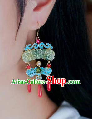 Chinese Handmade Qing Dynasty Palace Ear Accessories Traditional Cheongsam Jade Carving Earrings