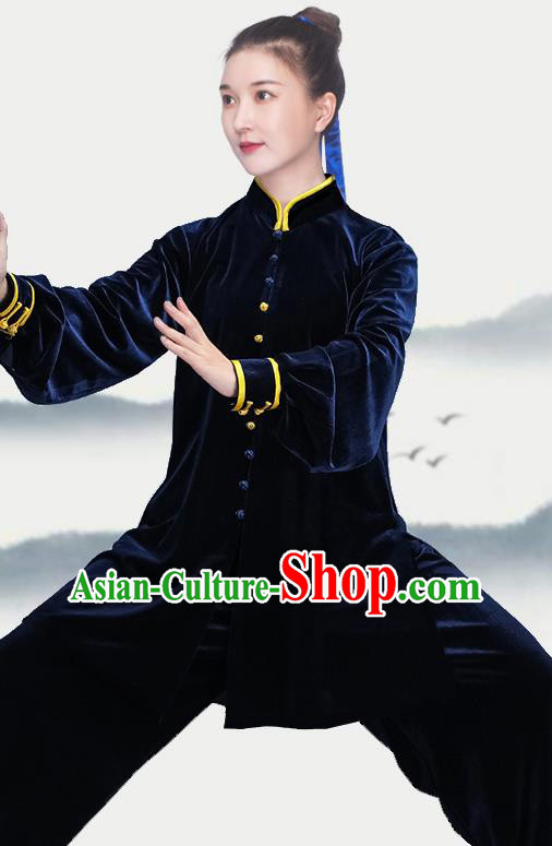 China Tai Chi Training Costumes Traditional Kung Fu Navy Velvet Uniforms Martial Arts Clothing