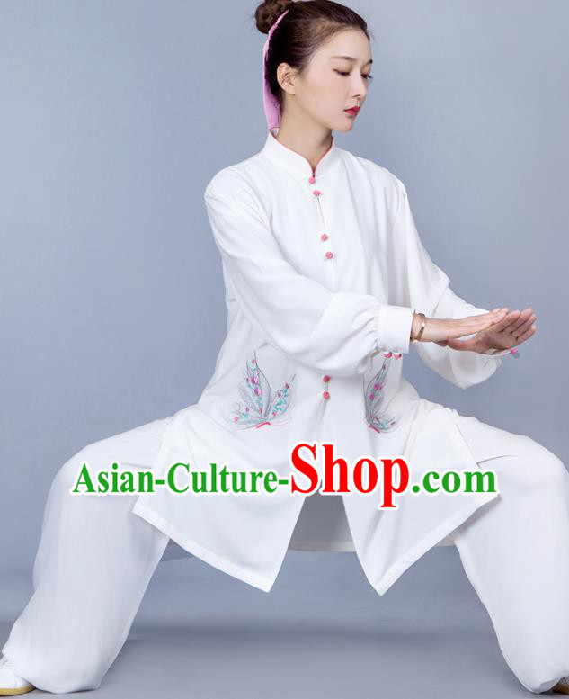 China Martial Arts Clothing Tai Chi Training Costumes Traditional Kung Fu Embroidered Butterfly White Uniforms