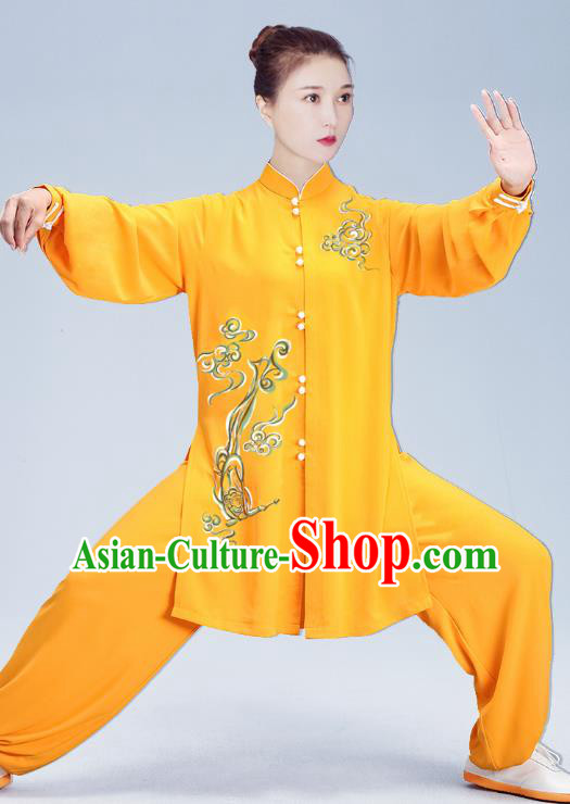 China Traditional Kung Fu Hand Painting Yellow Uniforms Martial Arts Clothing Tai Chi Training Costumes