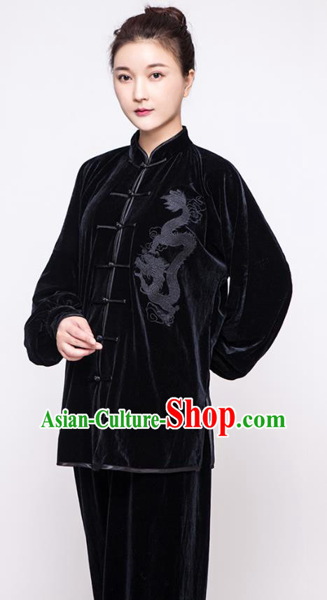 China Martial Arts Clothing Traditional Kung Fu Black Velvet Uniforms Embroidered Dragon Tai Chi Training Costumes
