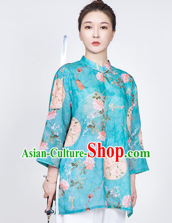 China Traditional Tai Chi Training Costume Printing Flowers Blue Flax Blouse Martial Arts Clothing