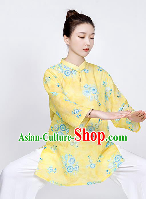 China Printing Flowers Yellow Flax Blouse Martial Arts Clothing Traditional Tai Chi Training Costume