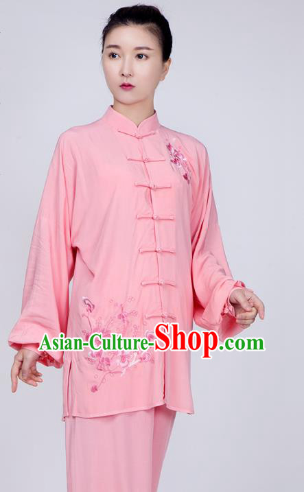 China Martial Arts Embroidered Costume Kung Fu Pink Flax Uniforms Traditional Tai Chi Training Costume