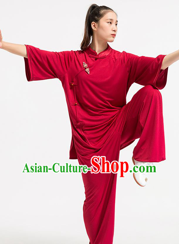China Kung Fu Wine Red Uniforms Summer Tai Chi Training Costume Traditional Martial Arts Clothing
