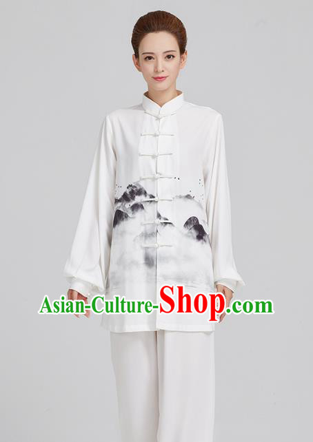 China Ink Landscape Painting White Uniforms Kung Fu Costume Tai Chi Clothing