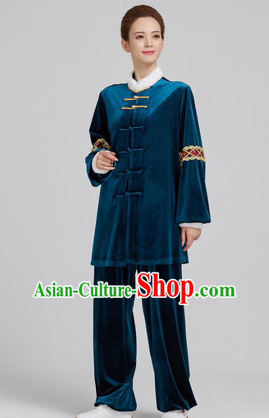 China Kung Fu Costume Tai Chi Clothing Martial Arts Navy Pleuche Uniforms