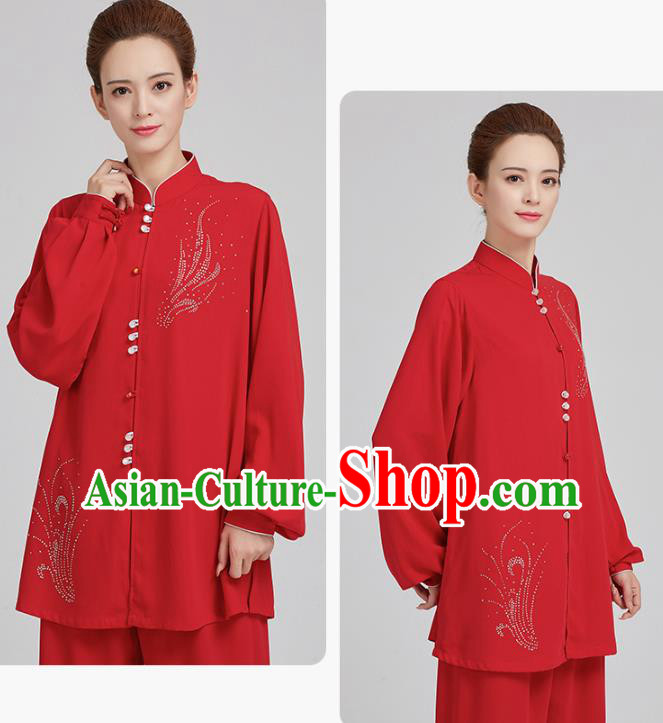China Martial Arts Red Uniforms Kung Fu Costume Tai Chi Exercise Clothing