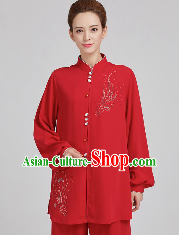 China Martial Arts Red Uniforms Kung Fu Costume Tai Chi Exercise Clothing
