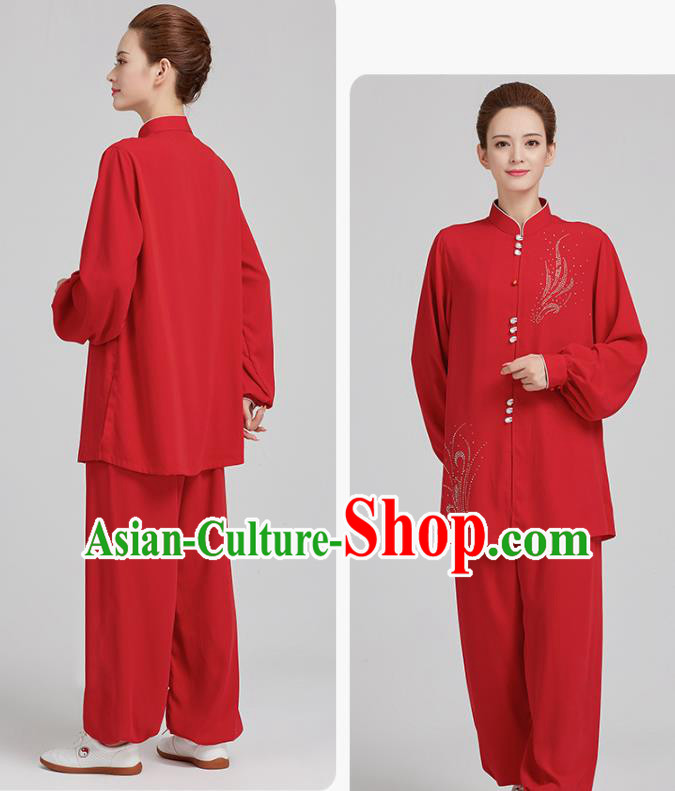 China Martial Arts Red Uniforms Kung Fu Costume Tai Chi Exercise Clothing
