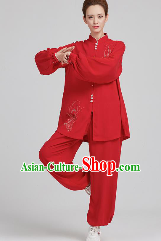China Martial Arts Red Uniforms Kung Fu Costume Tai Chi Exercise Clothing