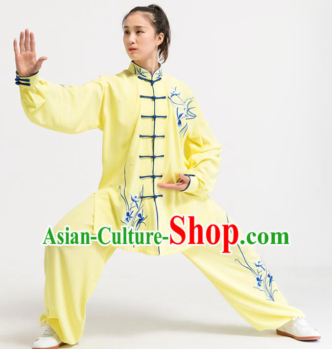 China Top Kung Fu Competition Costumes Tai Chi Training Embroidered Orchids Yellow Uniforms