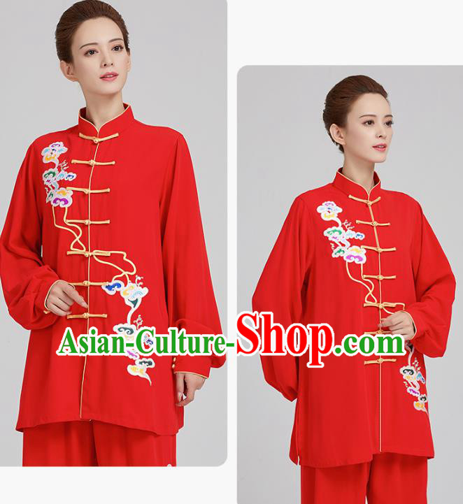China Traditional Kung Fu Competition Costumes Tai Chi Training Embroidered Clouds Red Uniforms