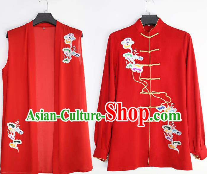 China Traditional Kung Fu Competition Costumes Tai Chi Training Embroidered Clouds Red Uniforms
