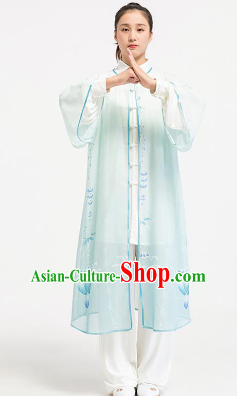 China Tai Chi Training Cape Traditional Kung Fu Printing Lotus Light Green Cloak
