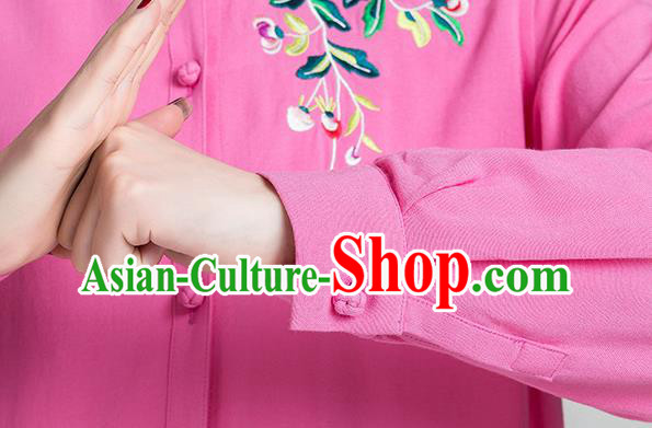 China Tai Chi Training Clothing Traditional Kung Fu Embroidered Rosy Long Gown