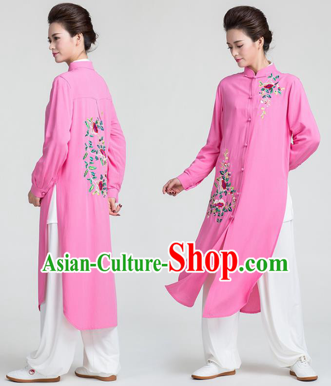 China Tai Chi Training Clothing Traditional Kung Fu Embroidered Rosy Long Gown