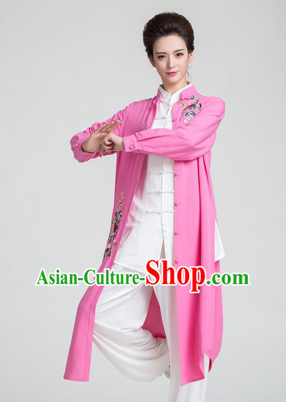 China Tai Chi Training Clothing Traditional Kung Fu Embroidered Rosy Long Gown