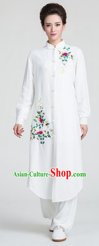 China Traditional Kung Fu Embroidered White Flax Dust Coat Tai Chi Training Clothing