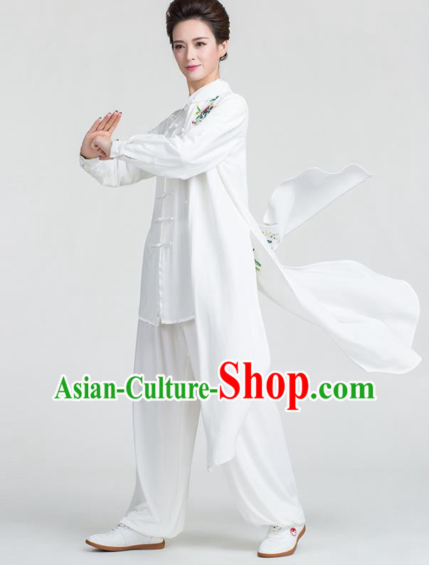 China Traditional Kung Fu Embroidered White Flax Dust Coat Tai Chi Training Clothing