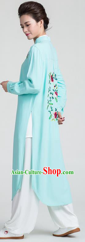 China Traditional Tai Chi Training Clothing Kung Fu Embroidered Light Green Flax Dust Coat