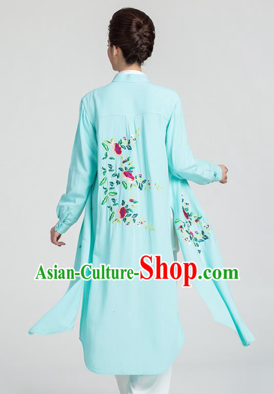 China Traditional Tai Chi Training Clothing Kung Fu Embroidered Light Green Flax Dust Coat