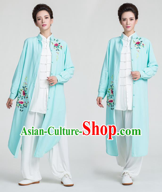 China Traditional Tai Chi Training Clothing Kung Fu Embroidered Light Green Flax Dust Coat