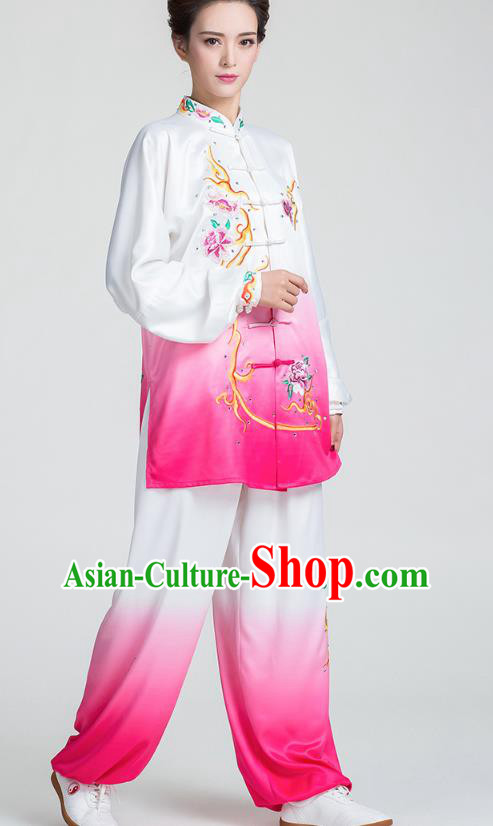 China Traditional Tai Chi Competition Clothing Kung Fu Embroidered Rosy Uniforms