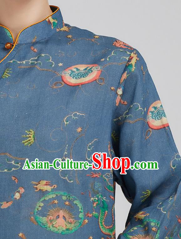 China Tai Chi Clothing Tang Suit Printing Navy Flax Shirt Kung Fu Costum