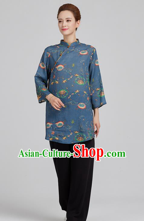 China Tai Chi Clothing Tang Suit Printing Navy Flax Shirt Kung Fu Costum