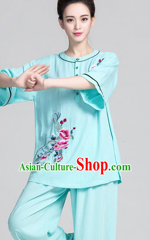 China Traditional Martial Arts Embroidered Light Green Flax Short Sleeve Uniforms Summer Tai Chi Clothing