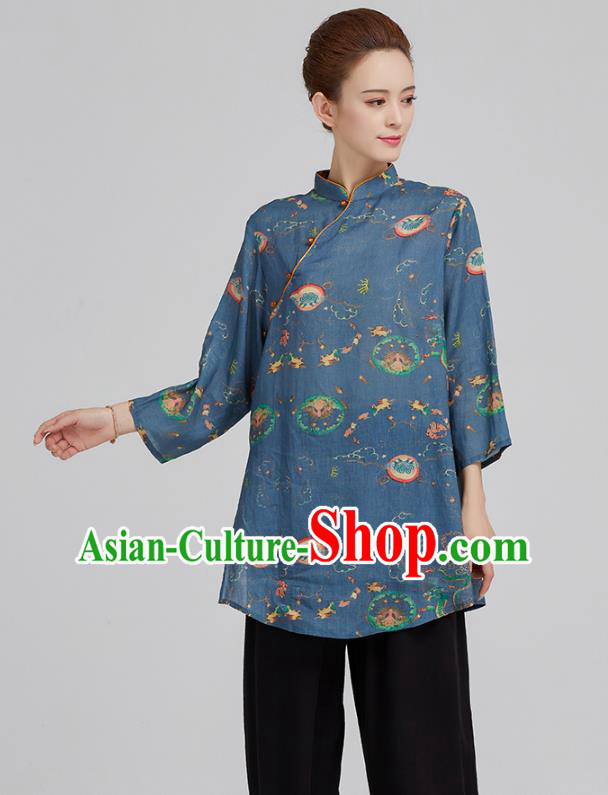 China Tai Chi Clothing Tang Suit Printing Navy Flax Shirt Kung Fu Costum