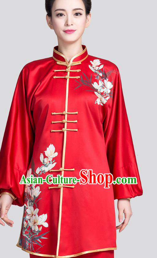 China Kung Fu Tai Chi Clothing Traditional Martial Arts Printing Mangnolia Red Satin Uniforms