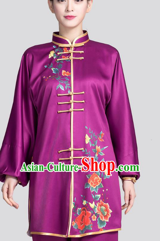 China Tai Chi Training Clothing Traditional Martial Arts Printing Rose Purple Satin Uniforms