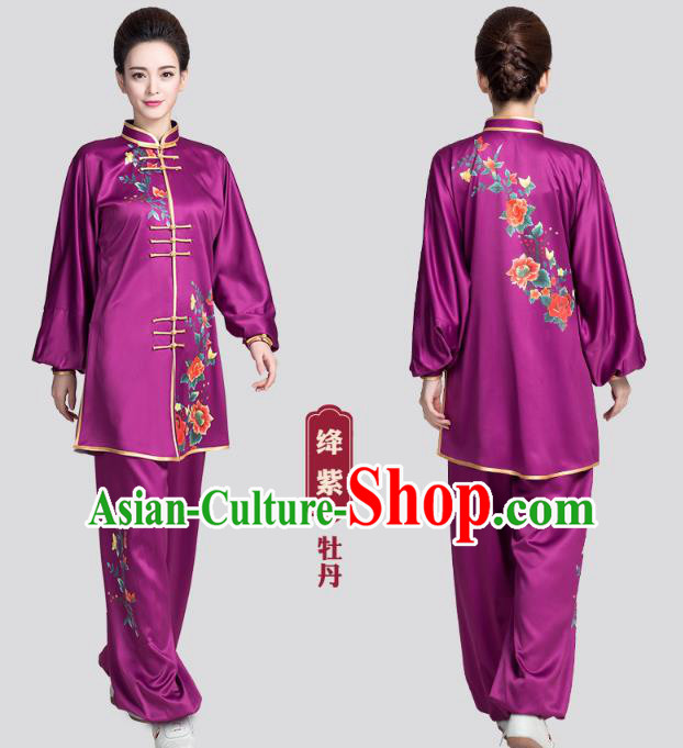 China Tai Chi Training Clothing Traditional Martial Arts Printing Rose Purple Satin Uniforms