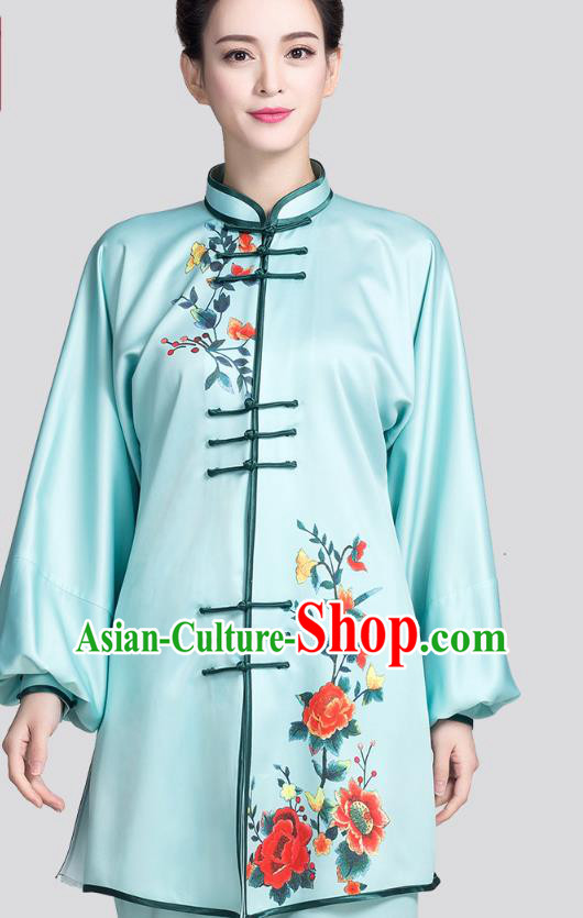 China Martial Arts Clothing Traditional Tai Chi Printing Peony Light Blue Satin Uniforms