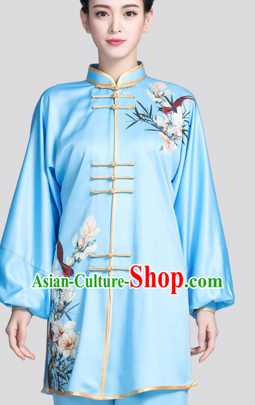 China Kung Fu Competition Clothing Traditional Tai Chi Printing Mangnolia Blue Satin Uniforms