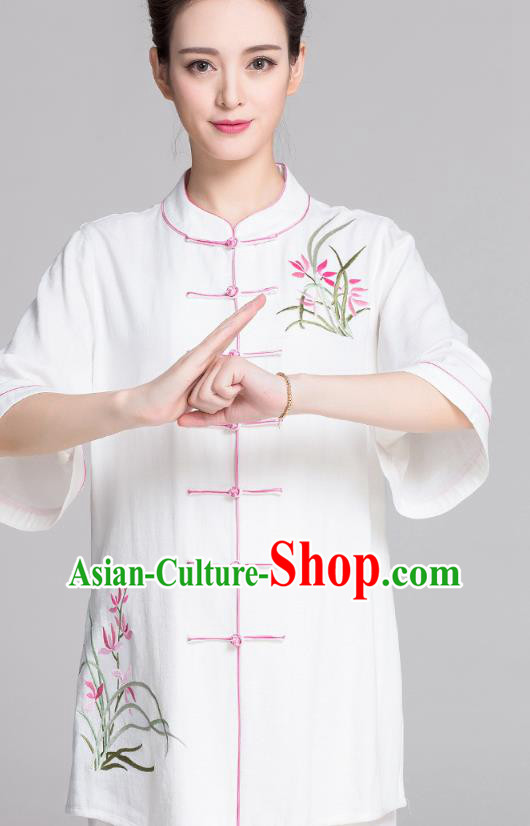 China Tai Chi Stage Performance Competition Clothing Traditional Embroidered Orchids White Flax Uniforms