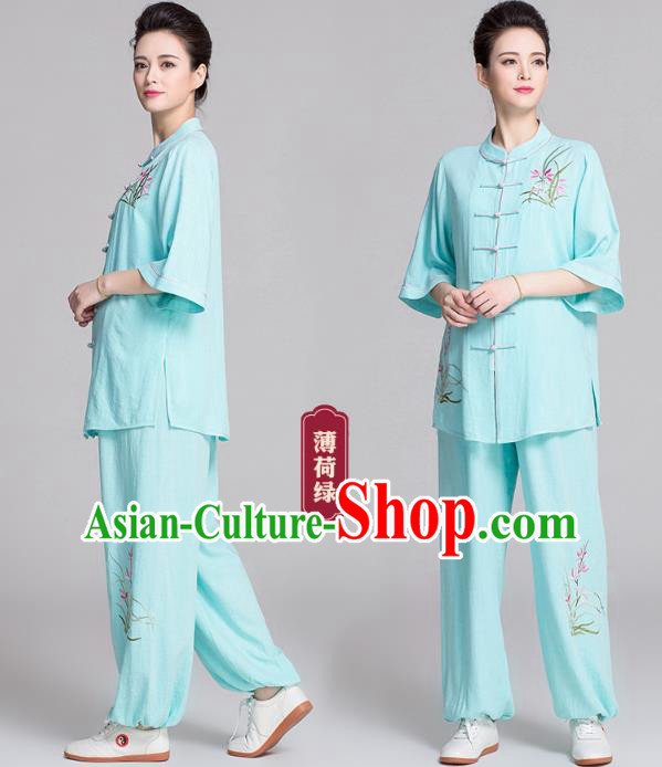 China Kung Fu Competition Clothing Traditional Embroidered Orchids Light Green Flax Uniforms