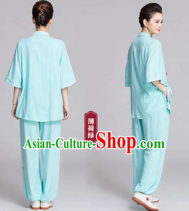 China Kung Fu Competition Clothing Traditional Embroidered Orchids Light Green Flax Uniforms
